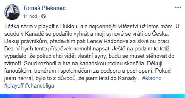 Tomáš Plekanec se vyjádřil k rozhodnutí soudu na facebooku.