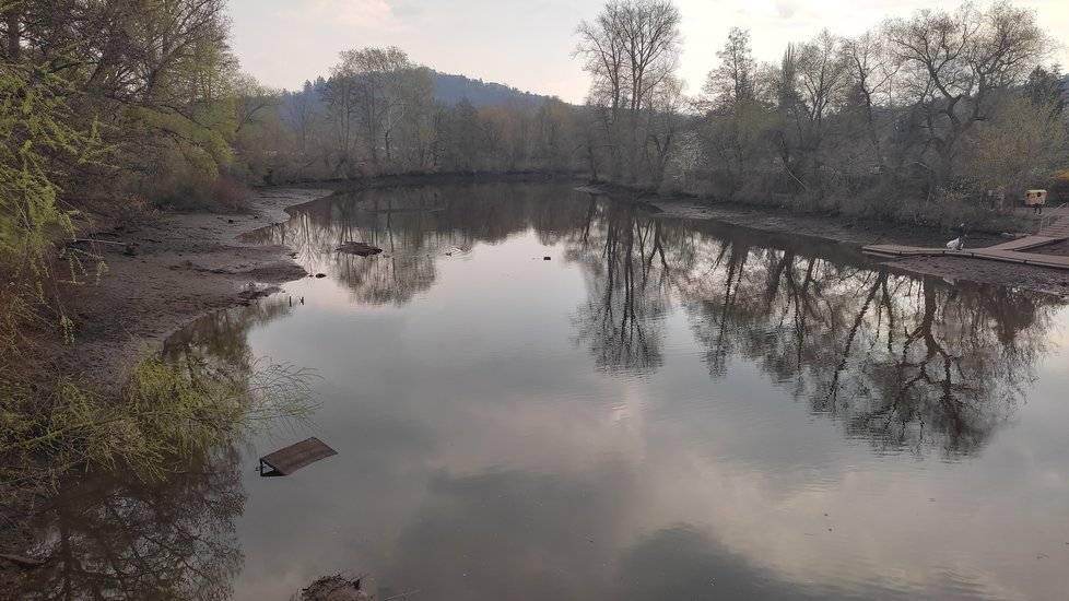 Odpuštěné koryto řeky Svratky v Brně. Voda klesla o více než metr.