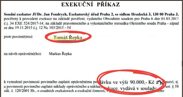 Exekuční příkaz v případu Tomáše Řepky