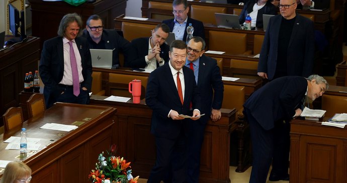 Tomio Okamura (SPD) na jednání Sněmovny ohledně svého vydání k trestnímu stíhání (5.3.2026)