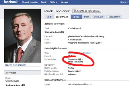 Topolánka prozradil jeho profil na Facebooku