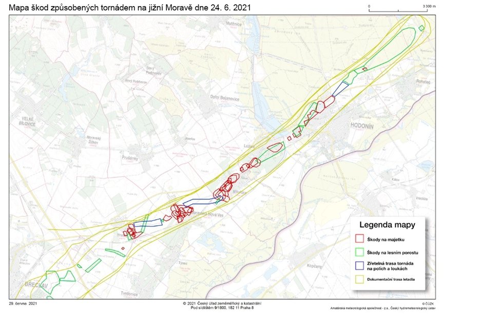 Mapa škod způsobených tornádem na jižní Moravě