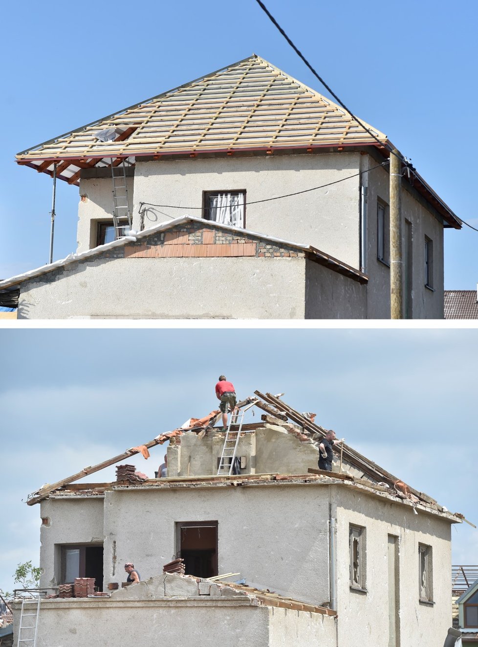 Před měsícem zasáhly prudké bouřky a tornádo některé obce na Hodonínsku a Břeclavsku. Vyžádaly si šest obětí a stovky zraněných. Nejvíce zasaženy byly obce Hrušky, Moravská Nová Ves, Lužice a Mikulčice. Na snímcích z 25. června 2021 (dole) a 22. července 2021 jsou poničené domy v Moravské Nové Vsi na Břeclavsku.