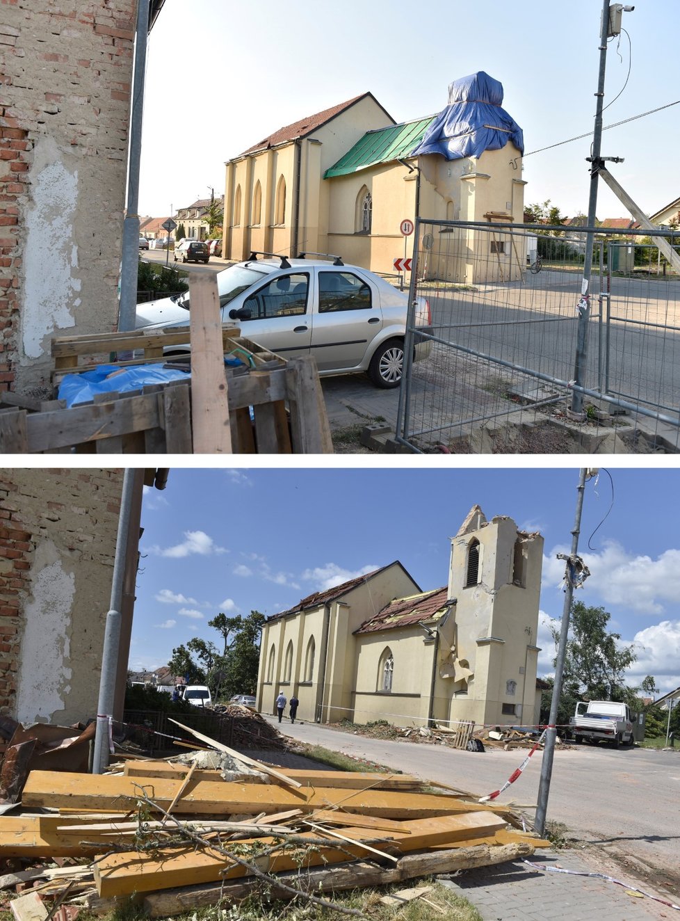 Před měsícem zasáhly prudké bouřky a tornádo některé obce na Hodonínsku a Břeclavsku. Vyžádaly si šest obětí a stovky zraněných. Nejvíce zasaženy byly obce Hrušky, Moravská Nová Ves, Lužice a Mikulčice. Na snímcích z 25. června 2021 (dole) a 22. července 2021 je poničený kostel v Hruškách na Břeclavsku.