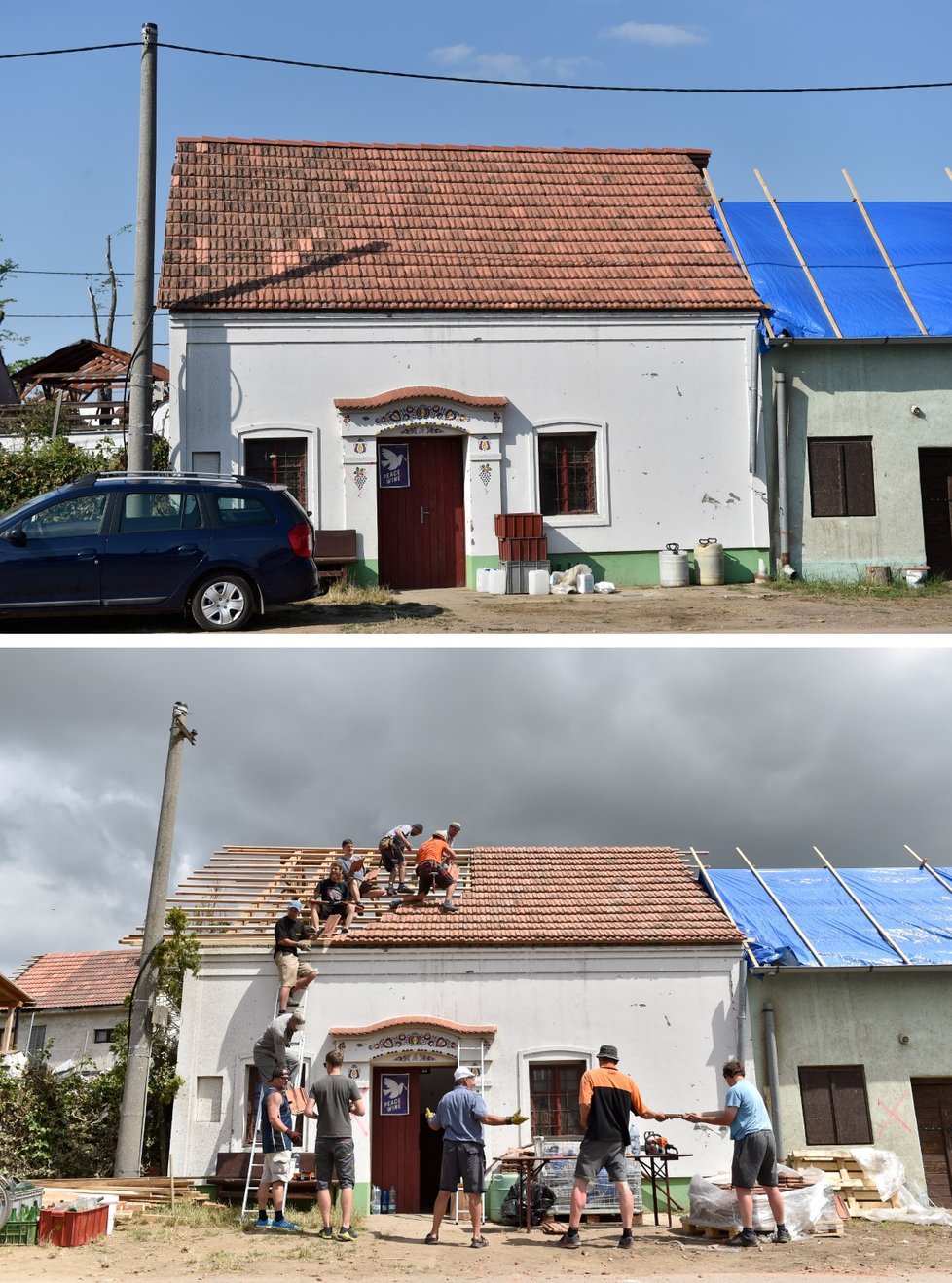 Před měsícem zasáhly prudké bouřky a tornádo některé obce na Hodonínsku a Břeclavsku. Vyžádaly si šest obětí a stovky zraněných. Nejvíce zasaženy byly obce Hrušky, Moravská Nová Ves, Lužice a Mikulčice. Na snímcích z 28. června 2021 (dole) a 22. července 2021 je poničená kaple v obci Mikulčice na Hodonínsku.