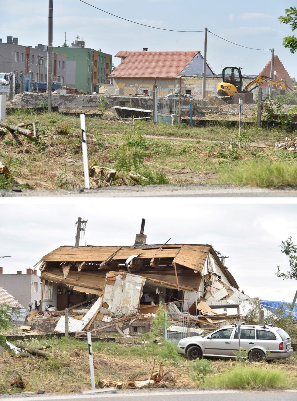 Před měsícem zasáhly prudké bouřky a tornádo některé obce na Hodonínsku a Břeclavsku. Vyžádaly si šest obětí a stovky zraněných. Nejvíce zasaženy byly obce Hrušky, Moravská Nová Ves, Lužice a Mikulčice. Na snímcích z 2. července 2021 (dole) a 22. července 2021 je stav v osadě Pánov u Hodonína.