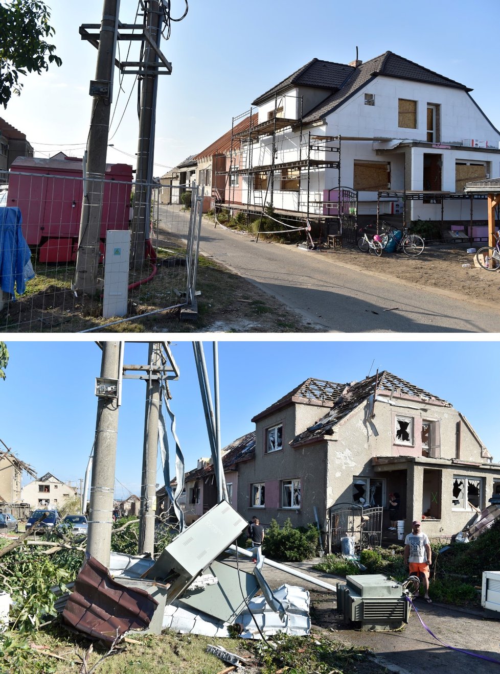 Před měsícem zasáhly prudké bouřky a tornádo některé obce na Hodonínsku a Břeclavsku. Vyžádaly si šest obětí a stovky zraněných. Nejvíce zasaženy byly obce Hrušky, Moravská Nová Ves, Lužice a Mikulčice. Na snímcích z 25. června 2021 (dole) a 22. července 2021 jsou poničené domy v Moravské Nové Vsi na Břeclavsku.