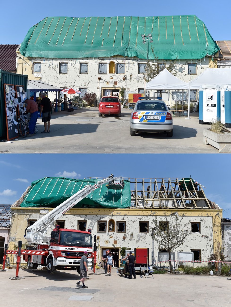 Před měsícem zasáhly prudké bouřky a tornádo některé obce na Hodonínsku a Břeclavsku. Vyžádaly si šest obětí a stovky zraněných. Nejvíce zasaženy byly obce Hrušky, Moravská Nová Ves, Lužice a Mikulčice. Na snímcích z 28. června 2021 (dole) a 22. července 2021 je budova obecního úřadu v Moravské Nové Vsi na Břeclavsku.