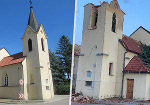 Zkáza kostelu před a po.