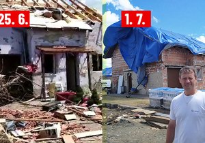 Pavel Číž (53) z obce Hrušky stojí u svého zičeného domu. Za týden od neštěstí na něm udělal společně s dobrovolníky spoustu práce.