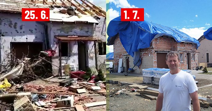 Pavel Číž (53) z obce Hrušky stojí u svého zničeného domu. Za týden od neštěstí na něm udělal společně s dobrovolníky spoustu práce.