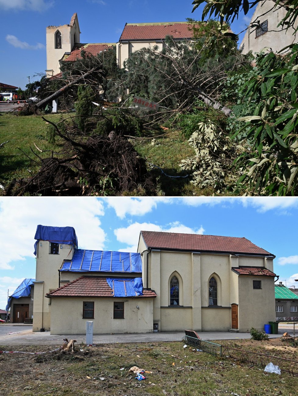 Kostel v obci Hrušky na Břeclavsku den po tornádu a 30. června.