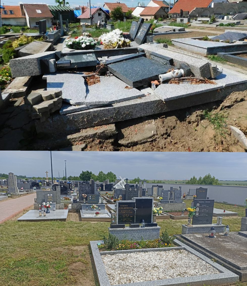 Zdevastovaný hřibitov v Hurškách se stal jedním ze symbolů tornáda. Nyní jsou náhrobky opět opravené, kameníci se měsíce nezastavili.