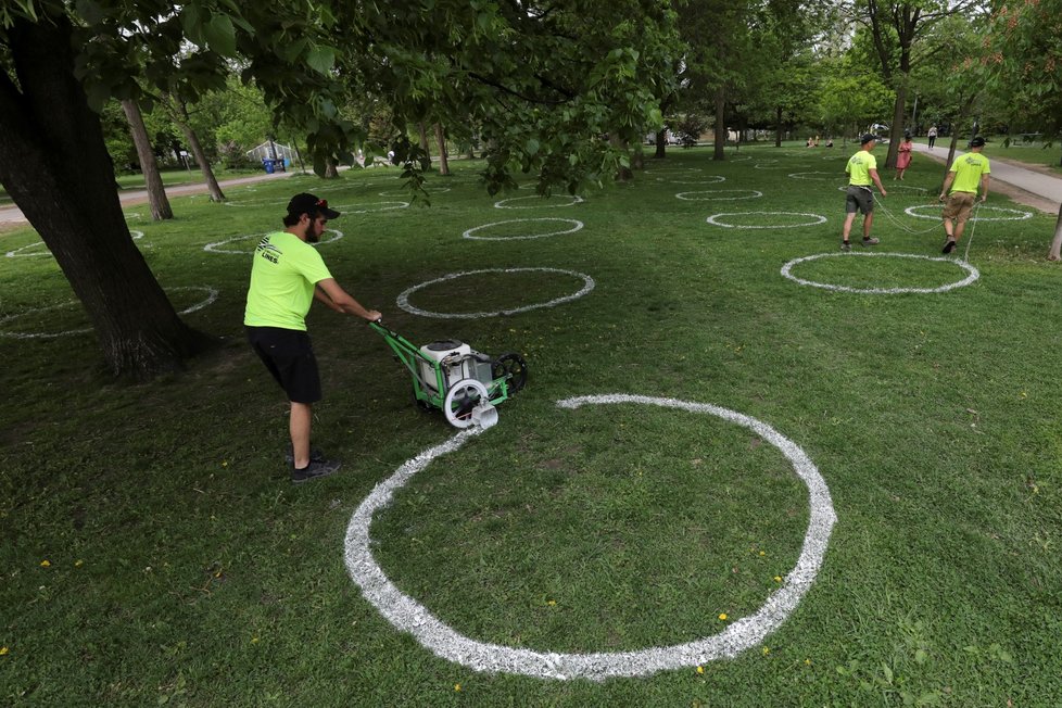 Kruhy v parku v kanadském Torontu ukazují doporučený sociální odstup (28. 5. 2020)