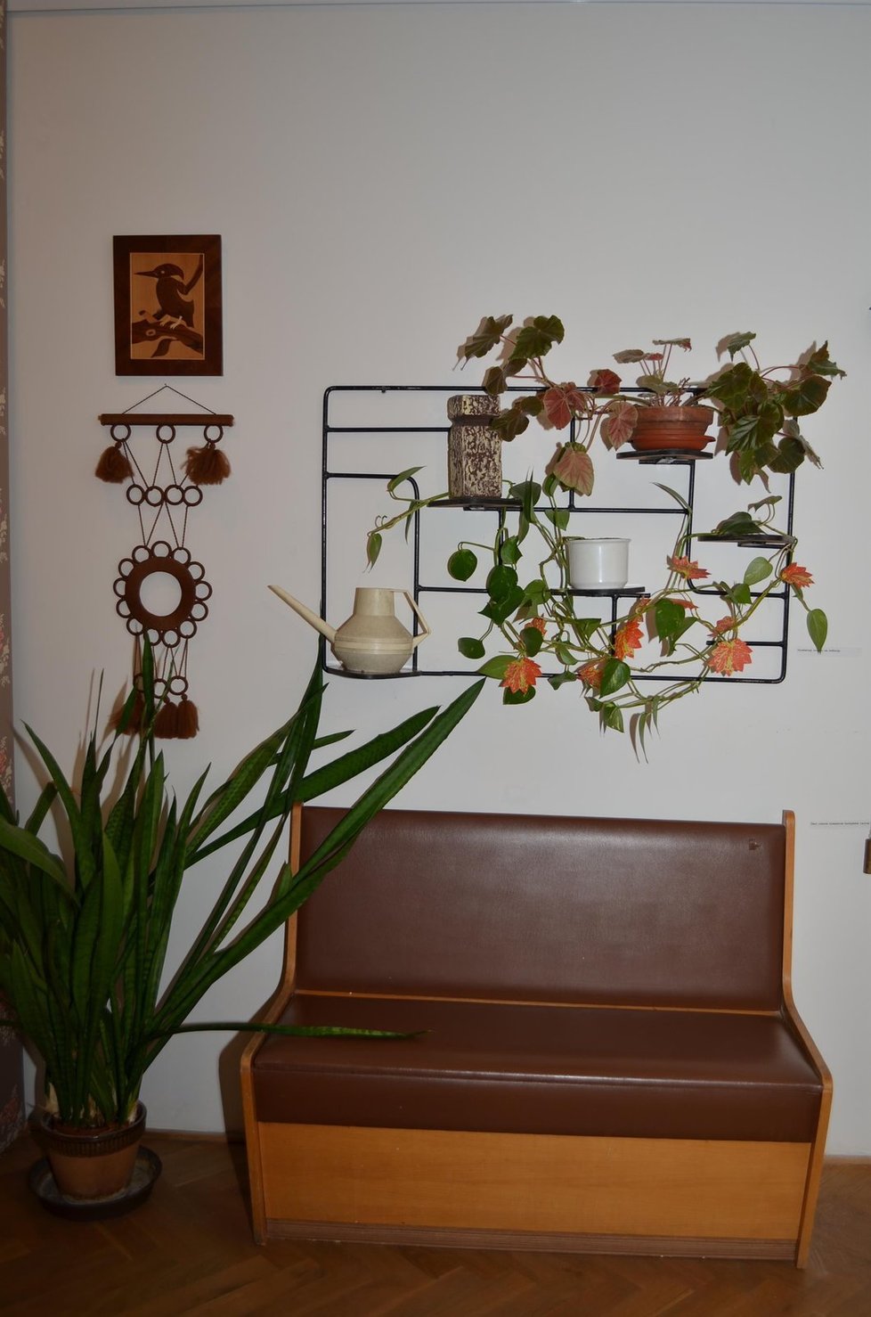 Část koženkové rohové kuchyňské lavice a květinová stěna