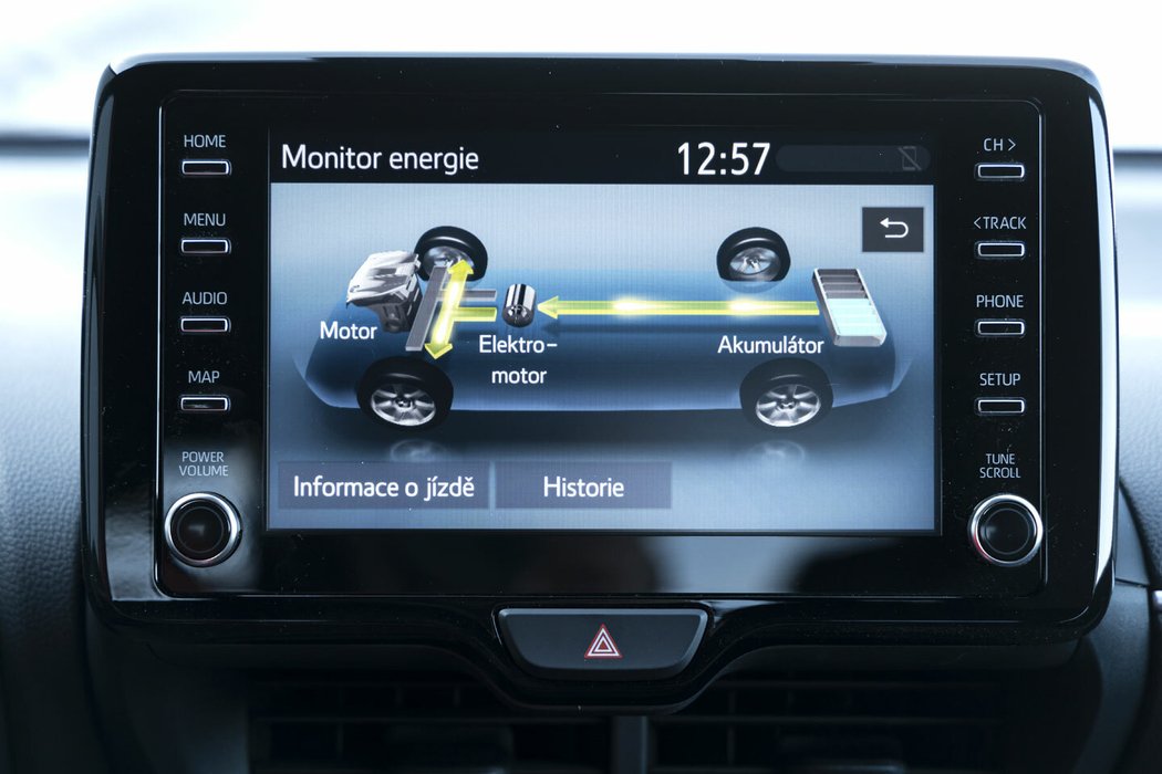 U obou vozidel lze sledovat aktuální režim hybridního systému na displeji s grafikou toků energií. Samozřejmostí jsou i statistiky jízdy nebo údaje o rekuperované energii.