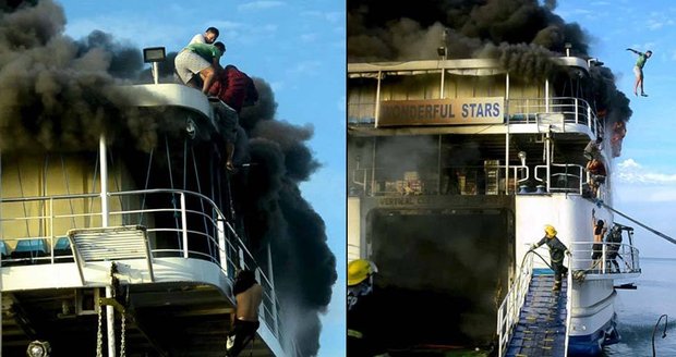 Muž přes palubu! Pasažéři na Filipínách vyskakovali z hořícího trajektu 