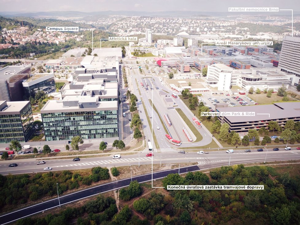 Tak bude vypadat v roce 2022 konečná tramvajová stanice v Brně-Bohunicích u fakultní nemocnice a univerzitního kampusu.