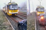 Rdič vjel v Plzni autem přímo do tramvajových kolejí, marně se z nich poté snažil vyjet.
