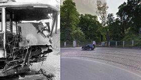Zdemolovaná tramvaj po nehodě roku 1923, kdy narazila do Jeleního příkopu