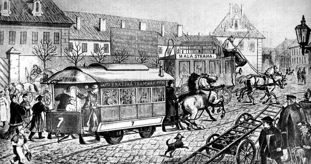 Provoz na 1. trati pražské koňky od karlínské Invalidovny k řetězovému mostu císaře Františka v roce 1875.