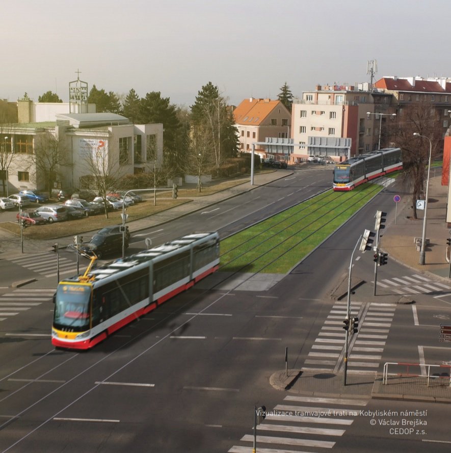 Vizualizace tramvajové trati na Kobyliském náměstí.