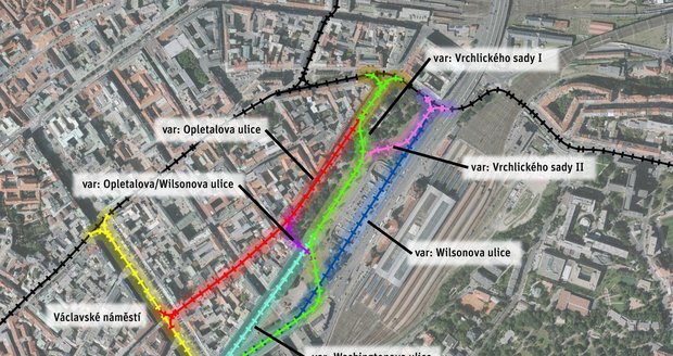 Tento plánek ukazuje všechny návrhy, kudy by mohla tramvaj k hlavnímu nádraží vést.