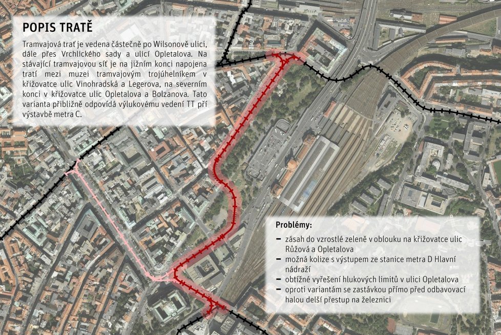 Varianta vedení přes Wilsonovu a Opletalovu ulici.