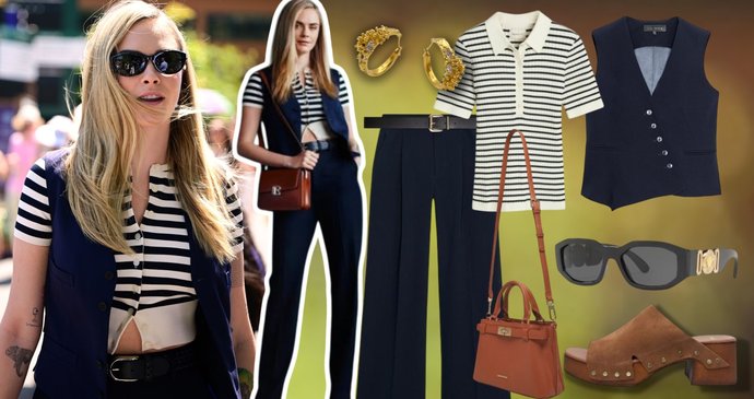Nákupní tipy: vestička Zara, 849 Kč; kalhoty Zara, 999 Kč; tričko GANT, prodává zalando.cz, 3899 Kč; dřeváky Baťa, prodává zalando.cz, 1699 Kč; kabelka Gino Rossi, prodává CCC, 1399 Kč; sluneční brýle Versace, 7270 Kč; náušnice Blueberries Jewelry, 5600 Kč; pásek H&M, 479 Kč