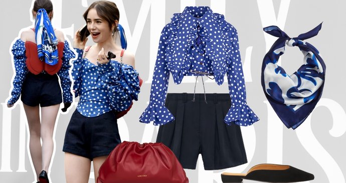 Nákupní tipy: top Vivienne Westwood, 555 €; šortky Mango, 699 Kč; kabelka LORO ORO, 3090 Kč; mules baleríny Kazar, 2094 Kč; saténový šátek H&M, 239 Kč