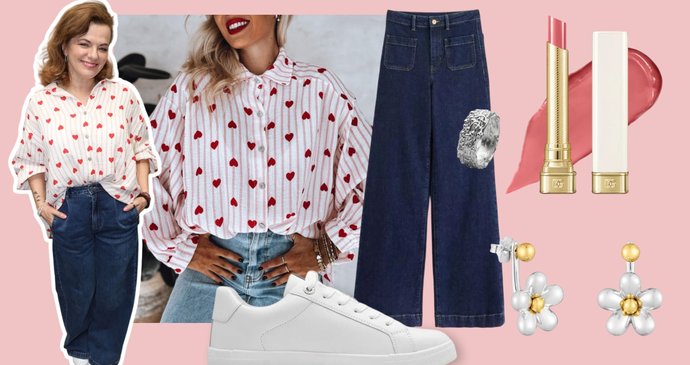 Nákupní tipy: košile, 899 Kč, prodává Yesiamfashion.cz; džíny, Lindex, 1499 Kč; tenisky, Tamaris, 1699 Kč; náušnice, TOUS, 5299 Kč; prsten, Blueberries Jewelry, 3600 Kč; rtěnka, Dolce & Gabbana, Classic My Juicy Sheer, 977 Kč, prodává Notino.cz