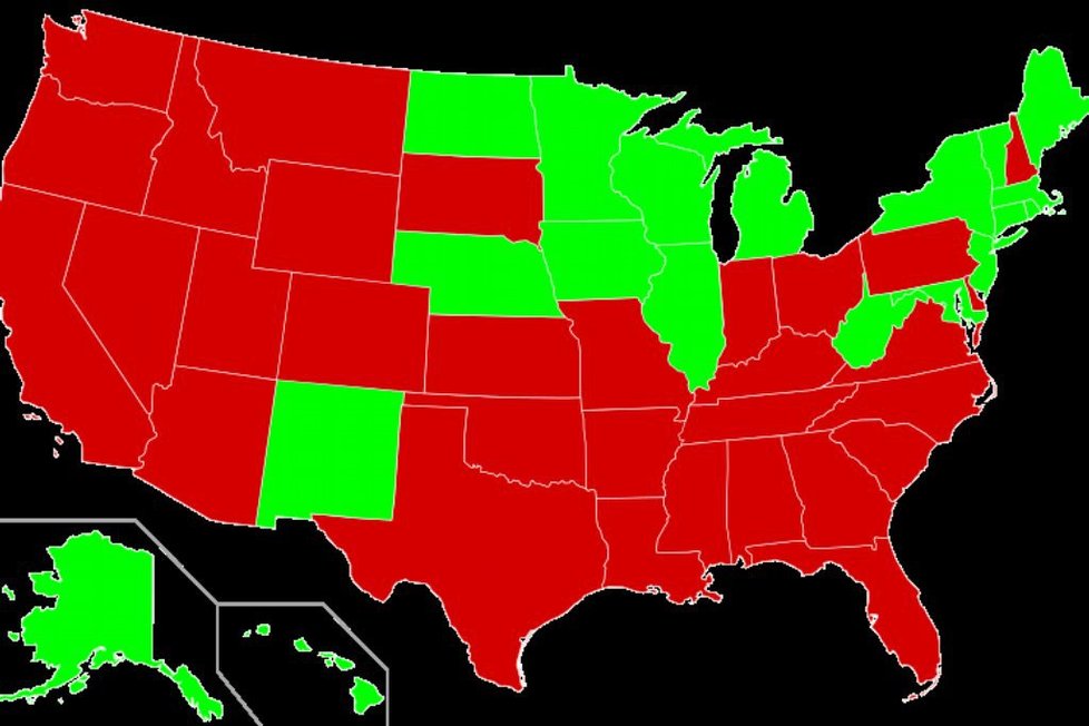 Trest smrti v USA. Červeně jsou označeny státy, kde se stále popravuje.