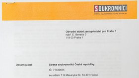 Titulní strana trestního oznámení, které podal na premiéra Andreje Babiše předseda předseda strany Soukromníků Petr Bajer.