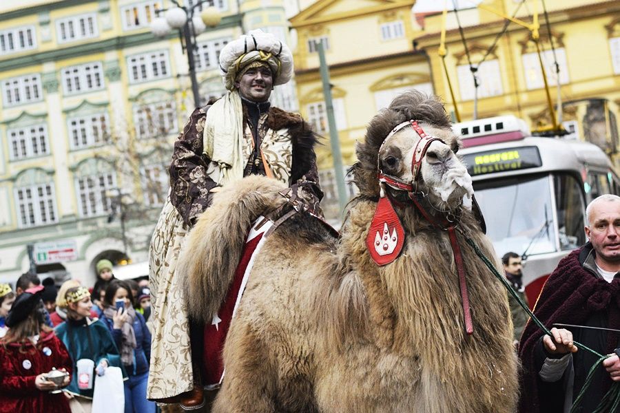 Tříkrálový průvod vzbudil rozruch. Pražané a turisti si s nadšením fotili velbloudy.