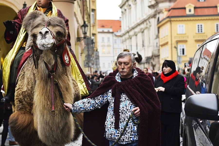 Tříkrálový průvod vzbudil rozruch. Pražané a turisti si s nadšením fotili velbloudy.