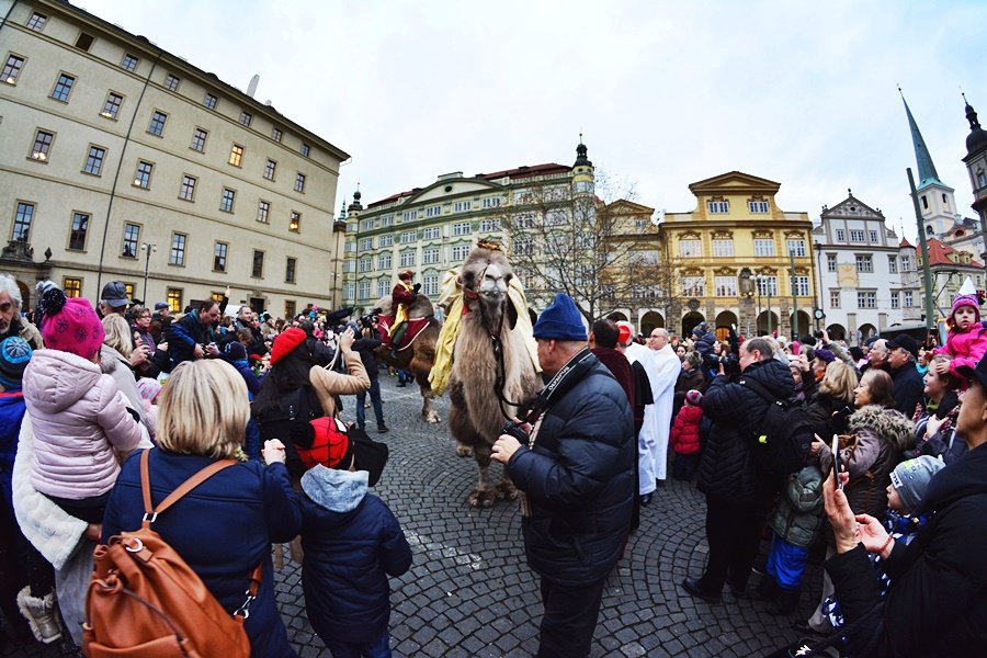 Tříkrálový průvod vzbudil rozruch. Pražané a turisti si s nadšením fotili velbloudy.