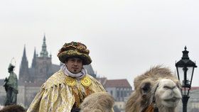 Tři králové na velbloudech vedli po Karlově mostě průvod, který 3. ledna zahájil šestnáctý ročník Tříkrálové sbírky v Praze.