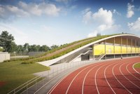 Nová tribuna atletického stadionu v Plzni: Šatny, cvičební sál i dráhy na střeše