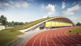 Nová tribuna atletického stadionu v Plzni: Šatny, cvičební sál i dráhy na střeše 