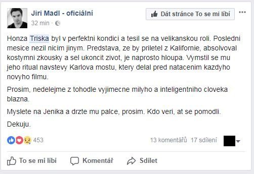 Jiří Mádl se k celé věci vyjádřil na Facebooku