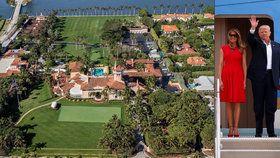 Trump se ženou Melanií při výstupu z Air Force One při cestě na Floridu. Vlevo jeho floridský resort Mar-a-Lago