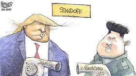 „Souboj“ Trumpa a Kima se dostal do pozornosti karikaturistů.