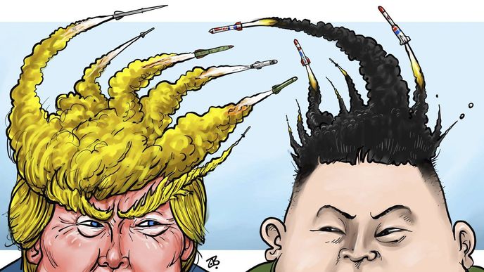 "Souboj" Trumpa a Kima se dostal do pozornosti karikaturistů.