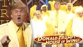 Americký prezident Donald Trump skotačí s kuřaty v parodii na reklamu na rychlé občerstvení