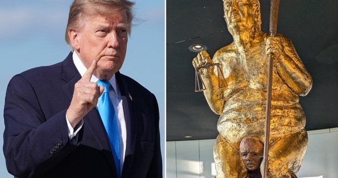 V budově Evropského parlamentu ve Štrasburku je vystavena pozlacená socha prezidenta Donalda Trumpa, jde o satirické dílo dánského umělce Jense Galschiöta nazvané Oranžový mor (7. 10. 2026)