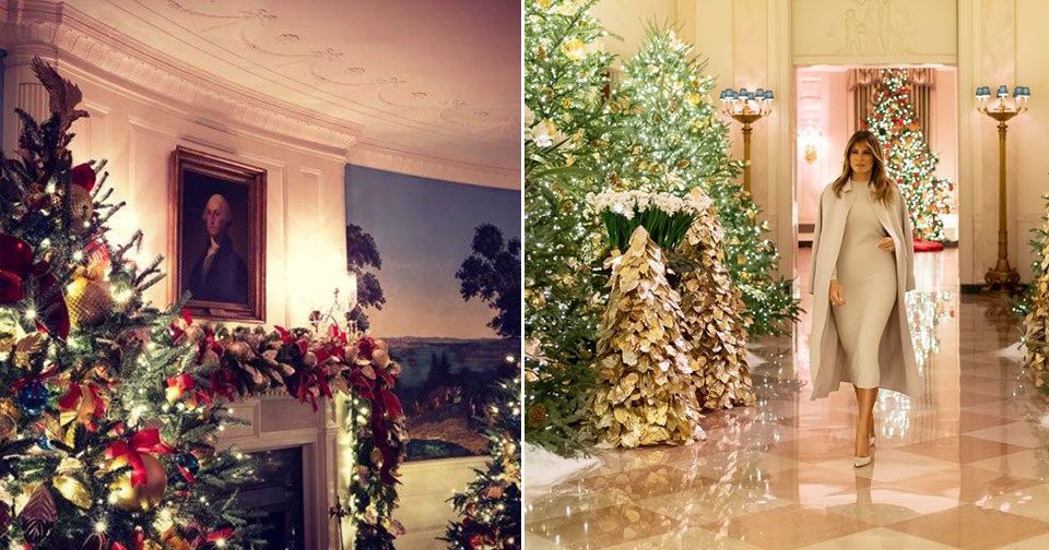 Honosná výzdoba Bílého domu - nechybí falešný sníh, světýlka a ozdoby v typicky amerických barvách, červené, modré a bílé.