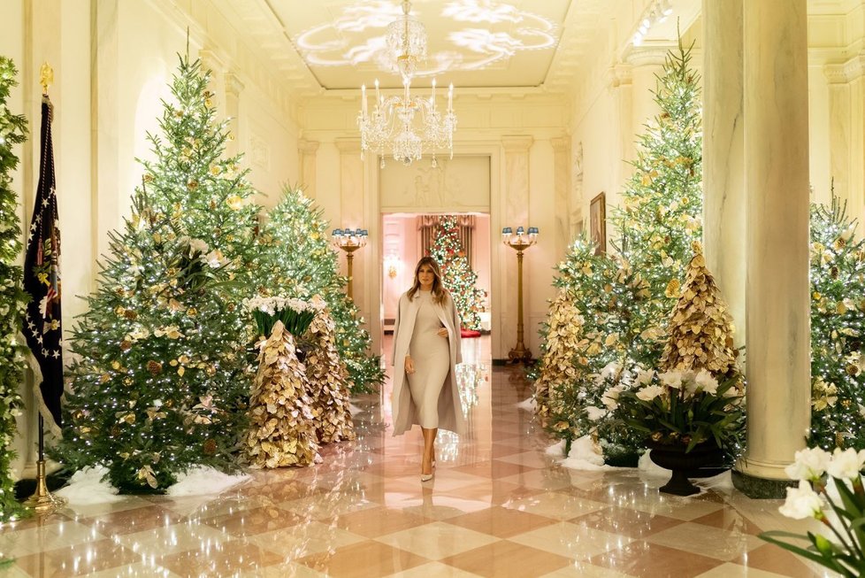 V kabátu přehozeném přes ramena Trumpová představila i vánoční výzdobu Bílého domu.