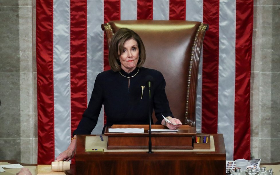 Demokratická šéfka Sněmovny reprezentantů Nancy Pelosiová po hlasování o impeachmentu (18. 12. 2019)