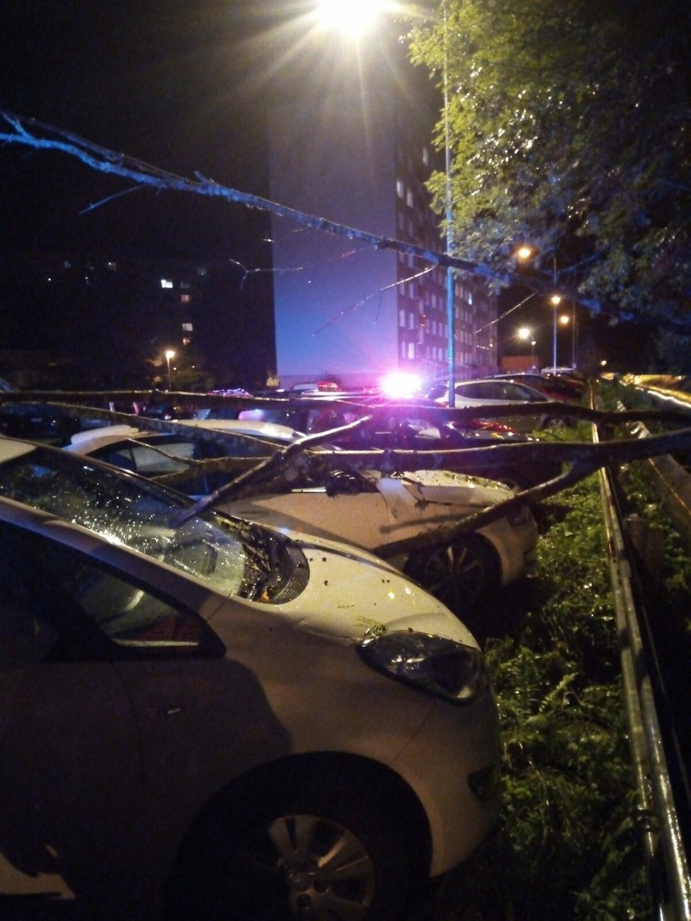 V Trutnově během bouřek spadl strom na zaparkovaná ata (3.10.2023)