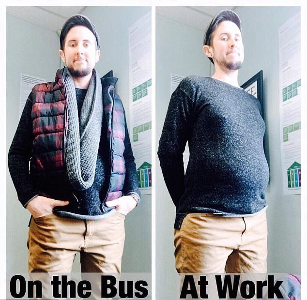 Takto chodí Trystan oblečený v autobuse a v práci.